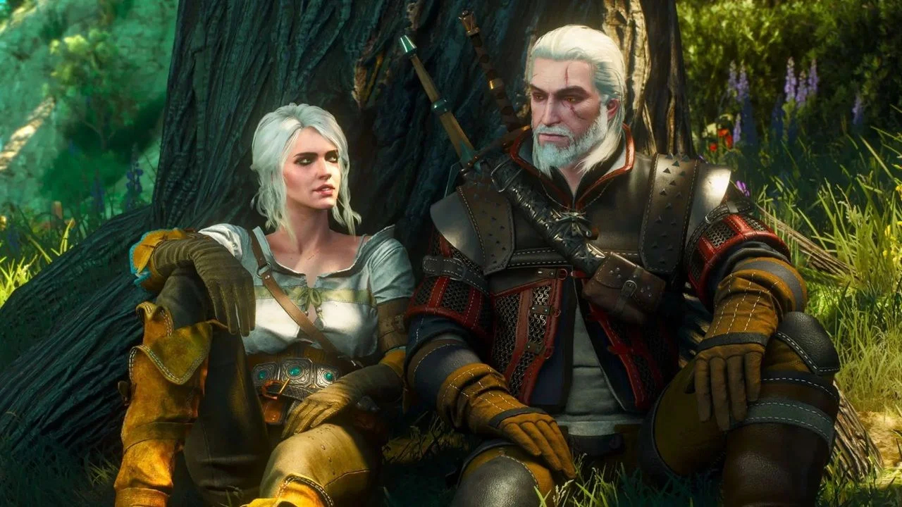 Two Armored Travelers a Man with White Hair and Beard and a Woman with a Short Blonde Hair Sit Side by Side Against a Large Tree in a Sunny Forest Clearing Looking Contemplative
