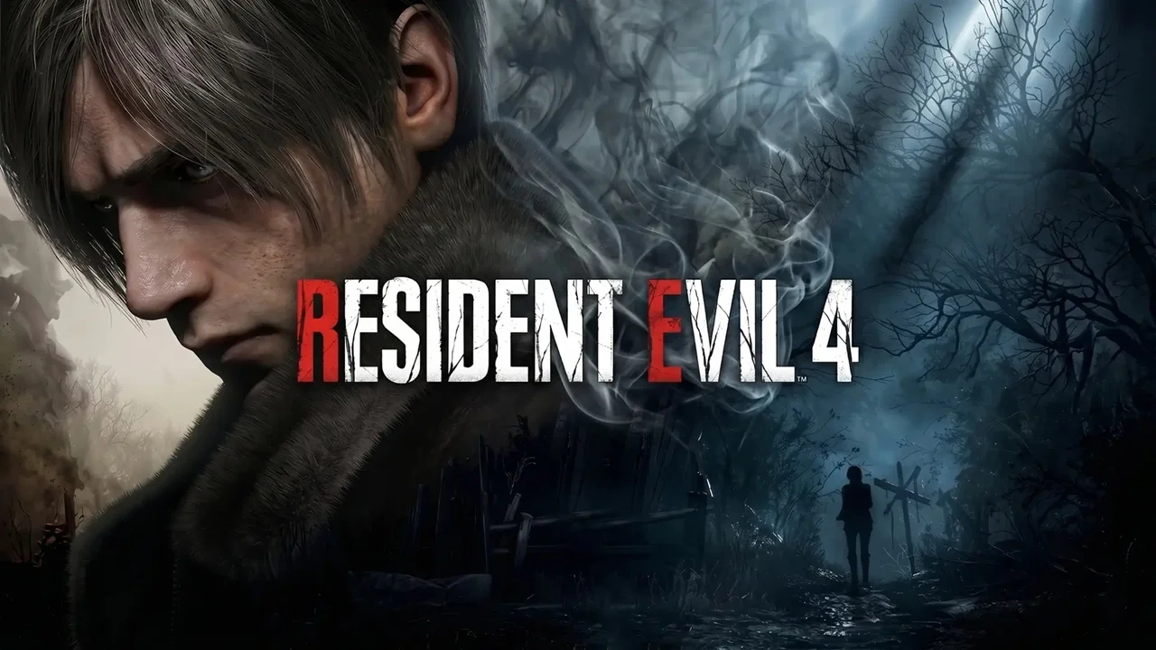 Close up of a Male Protagonist in a Fur collared Coat with a Dark Smoky Forest and the'RESIDENT EVIL 4' title across the center.